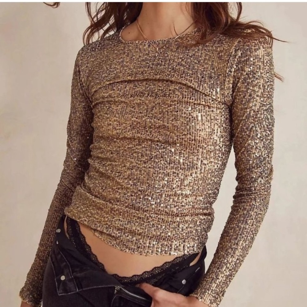 Free People Gold Rush Long Sleeve Sequin Top M NWT